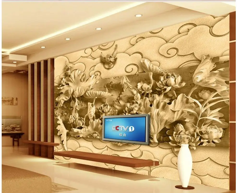 

custom photo wallpaper 3d Lotus carved wooden backdrop mural 3d wallpaper 3d room wallpaper