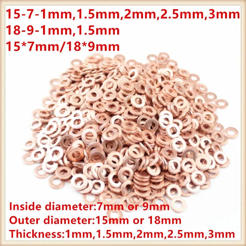 7x15mm/9x18mm EURO-III common rail injector nozzle copper pad gasket for diesel injector sealing, diesel pump repair tool parts