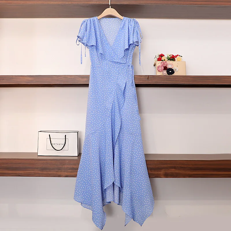 kpop ROSE same Blue wave point V-neck irregular ruffle dress summer korean streetwear sexy dresses women clothes