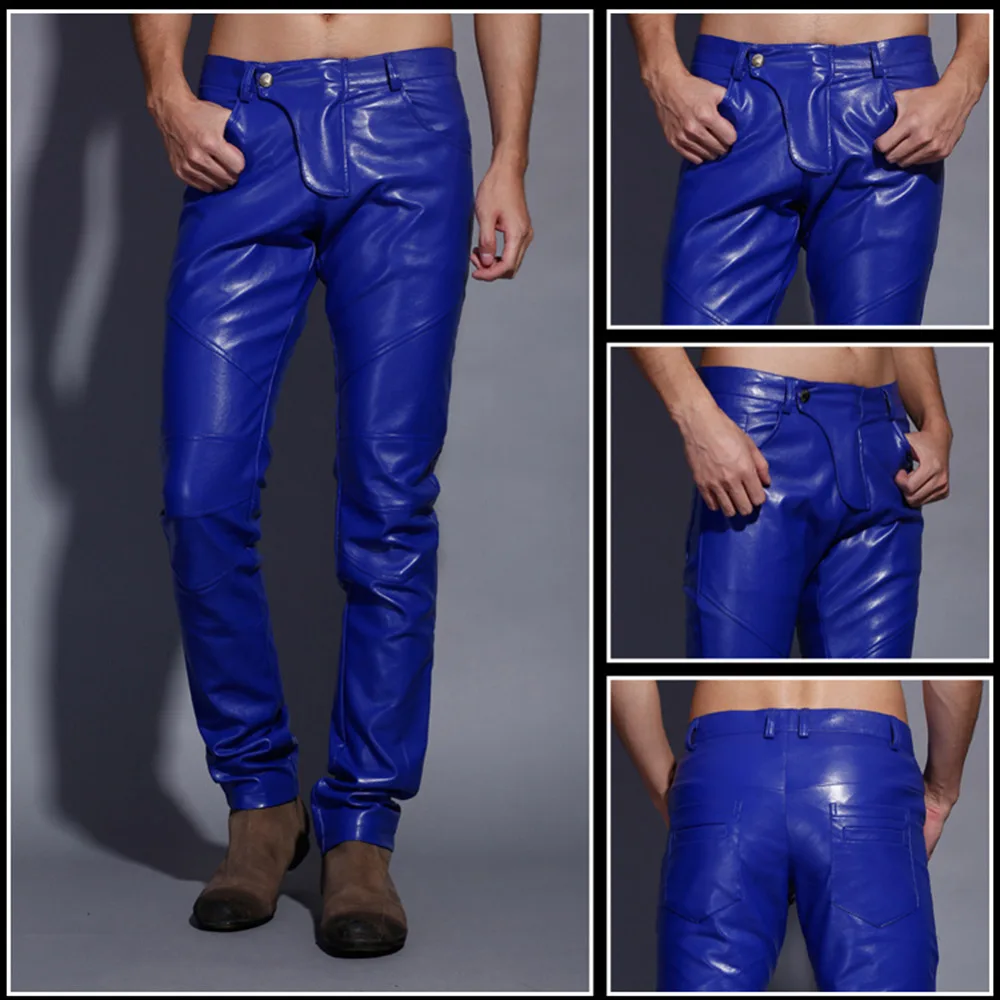 Idopy Men`s Motorcycle Faux Leather Pants Multi Colors Red Blue Black White Biker Style Dance Stage Performance Trousers