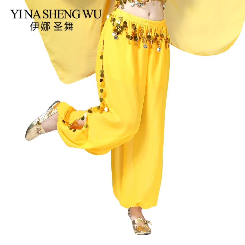 

New Ladies Belly Dance Harem Long Pants Indian Dance Trousers Bollywood Hanging Coin Sequins Lantern Pants Chiffon Elastic Waist