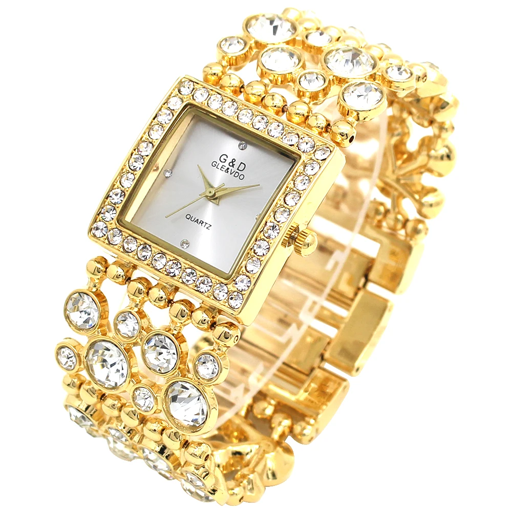 G&D Women Square Watch Analog Quartz Vogue Female Clock Luxury Golden Diamond Crystal Bracelet Wedding Evening Dress Wristwatch