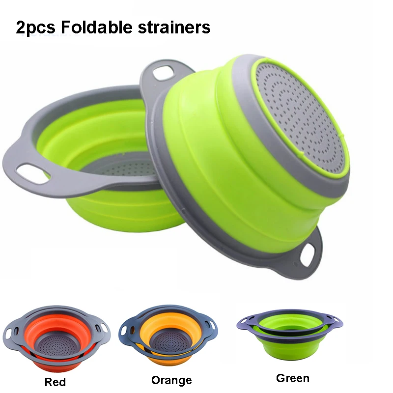 2 Pieces Collapsible Colanders Set Silicone Kitchen Fruit Vegetable round Baskets Folding Strainers Kitchen Accessories