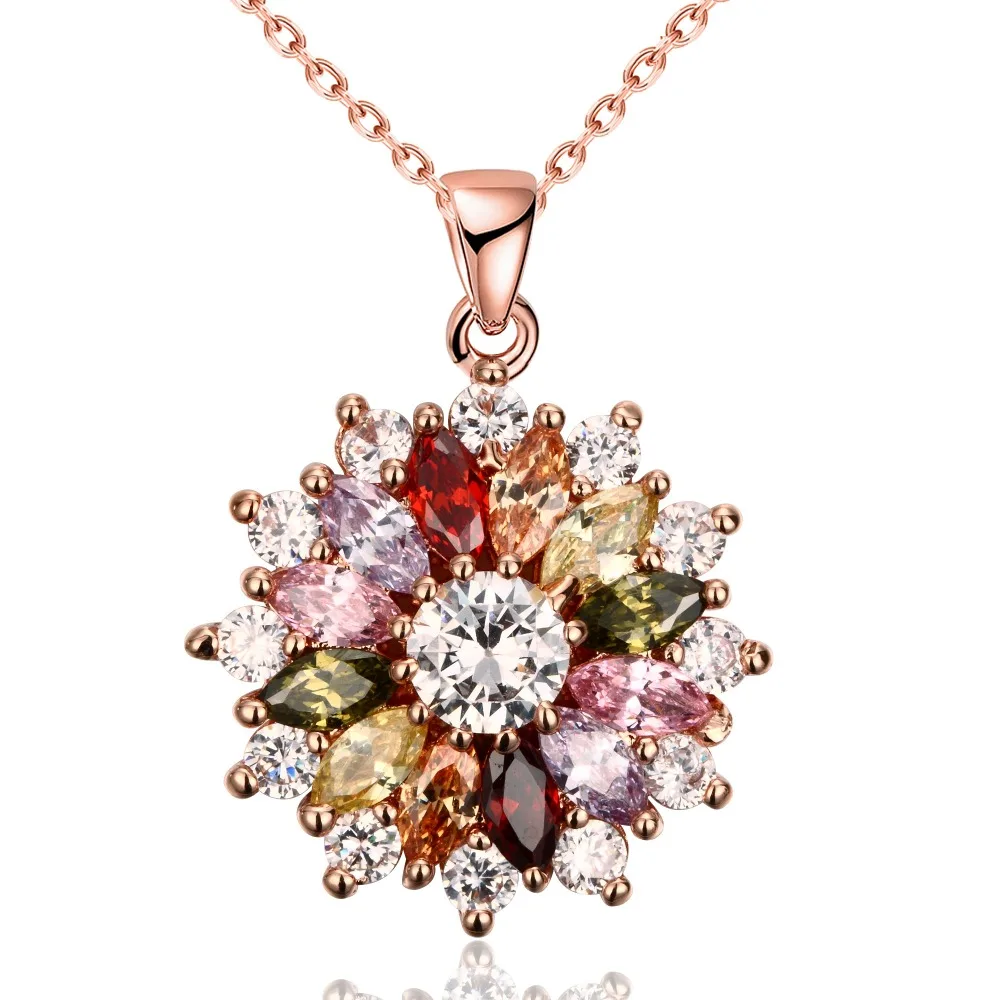 Rose Gold Color Pendant Necklaces for Women Girls,Plated Gold Multi Color AAA Cubic Zircon Flower Necklace Women\'s Jewelry