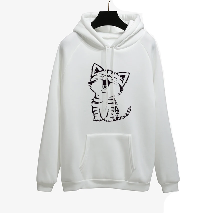 

Happy Cat Harajuku Print Hoodies Women Autumn Winter Office Lady Pullover White Thick Loose Moletom Feminino Clothes Size 40-50