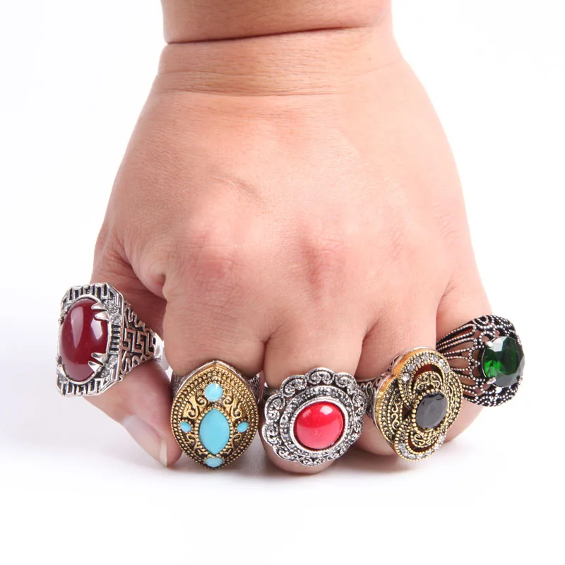 Wholesale 50pcs/Lots Mix Style Antique Silver Vintage Jewelry Huge Natural Stone Rings For Man Women