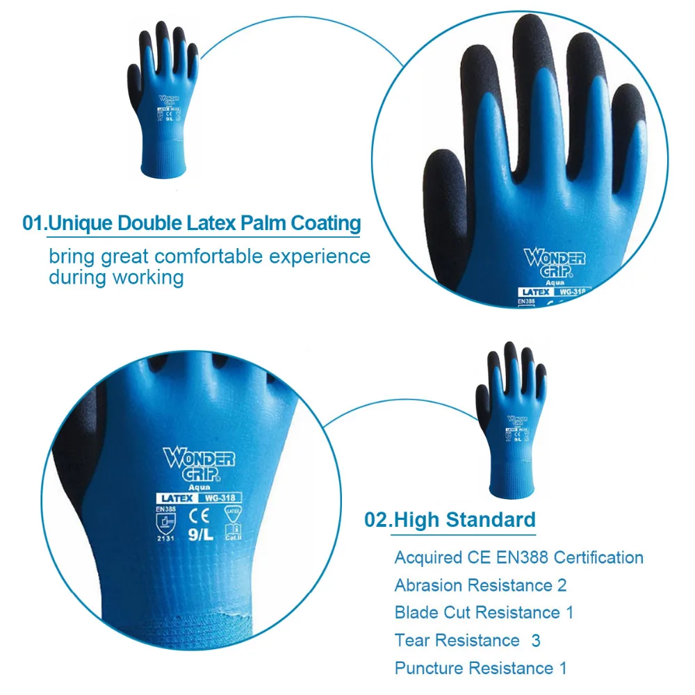 Wonder Grip-guantes de látex impermeables, manoplas totalmente recubiertas de nailon azul, protección contra el frío, guantes de trabajo para jardinería