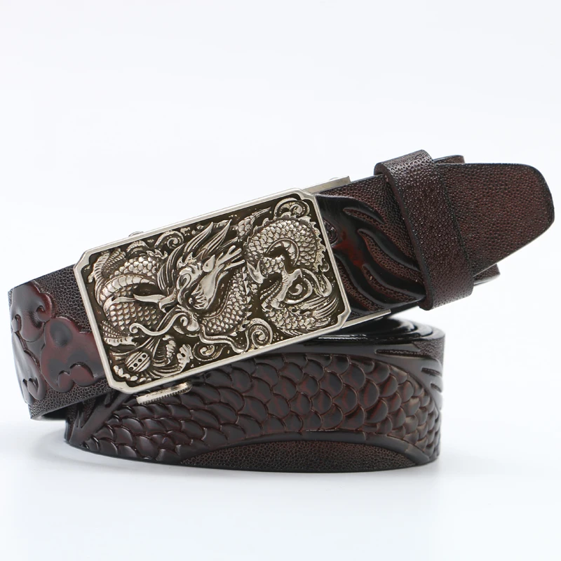 Classical China Dragon Designer Belt for Men Cowskin Genuine Luxury Leather Men's Belts Carving Dragon Pattern Automatic Buckle