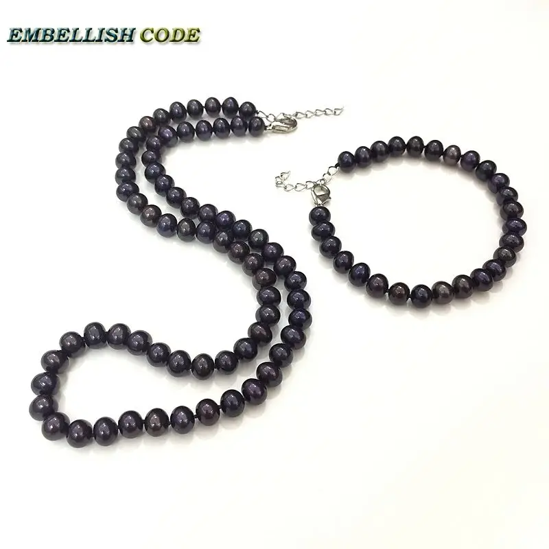 

selling well deep black flawless wonderful Potato shape natural cultured pearls choker necklace bracelet set for girl women