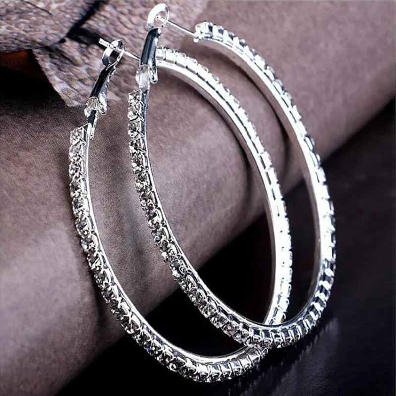 Brand New Design 5 Size Fashion Charm Austrian Crystal Hoop Earrings Geometric Round Shiny Rhinestone Big Earring Jewelry Women