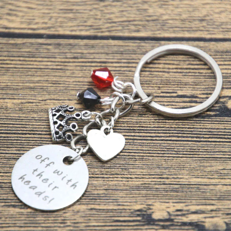 Alice in Wonderland Inspired Keyring Villain Red of Hearts Off With Their Heads Silver Tone Crystal Gift for Her