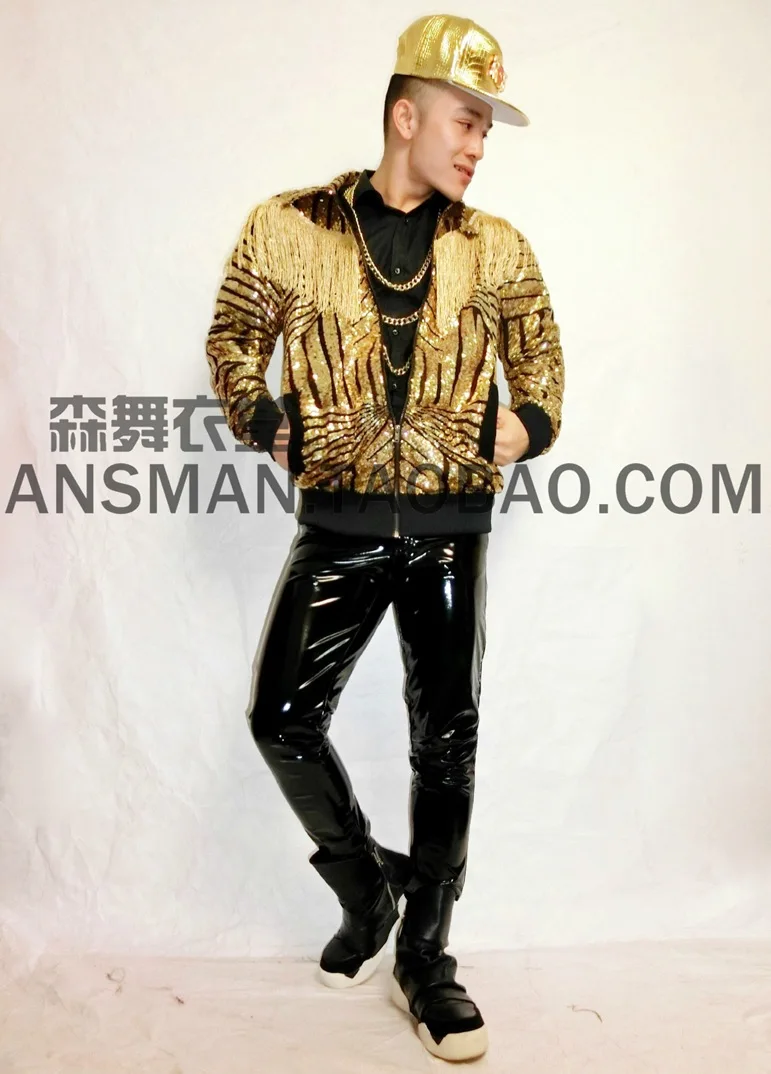 Spring New Men's Slim Jacket DJ Geometric Golden Tassels Outerwear Male Singer Coat Costumes Men Plus Size Hip-hop Clothing 2023