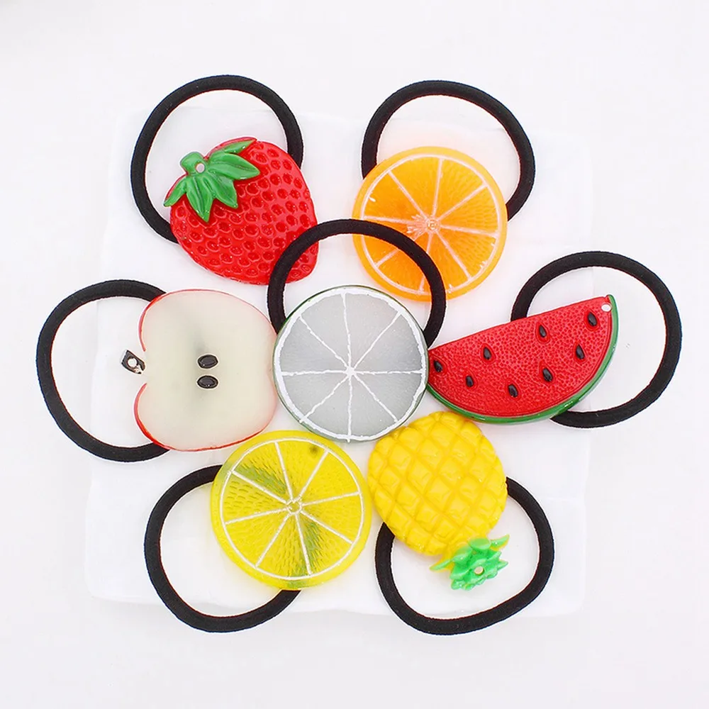 50pcs/lot Acrylic Summer fruit strawberry apple lemon watermelon pineapple cherry egg elastic hair bands for girl tie a ponytail