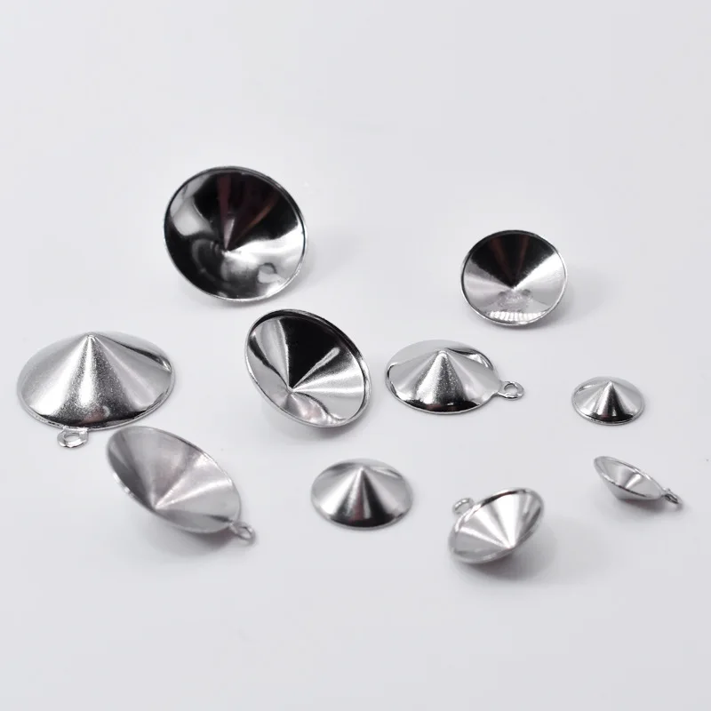200pcs Stainless Steel Circle Point Back Bezel with Loop Connectors Rivoli Stones Cabochons Base Blanks Jewelry Settings DIY