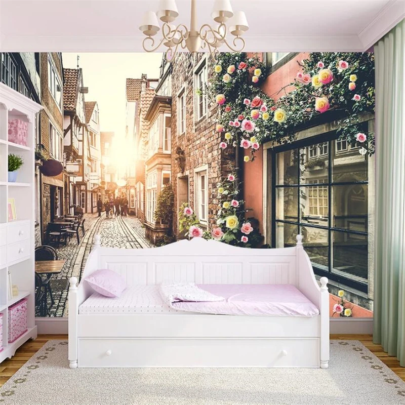 beibehang Custom wallpaper 3d murals European town romantic country nostalgic alley TV background wall romantic garden wallpaper