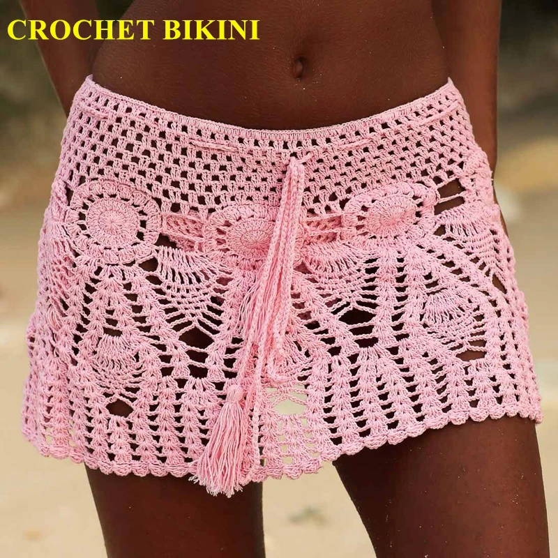 2021 New Sexy Crochet Beach Skirt Cotton Swimsuit Fused Skirt Casual Beach Running Lace See Through Slim Mini Skirts