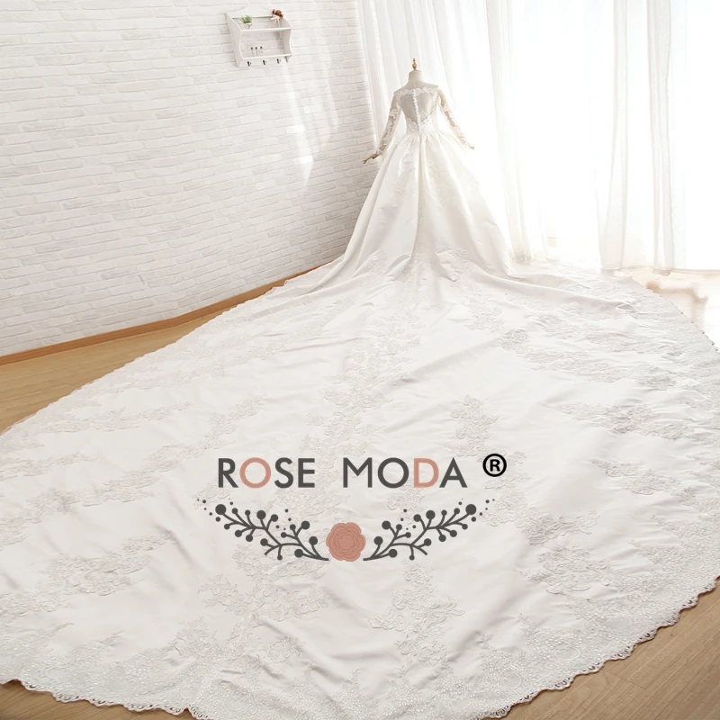 Rose Moda Real Photos Luxury Long Sleeves Wedding Ball Gown with 3M Royal Train Heart Shape Back Custom Make