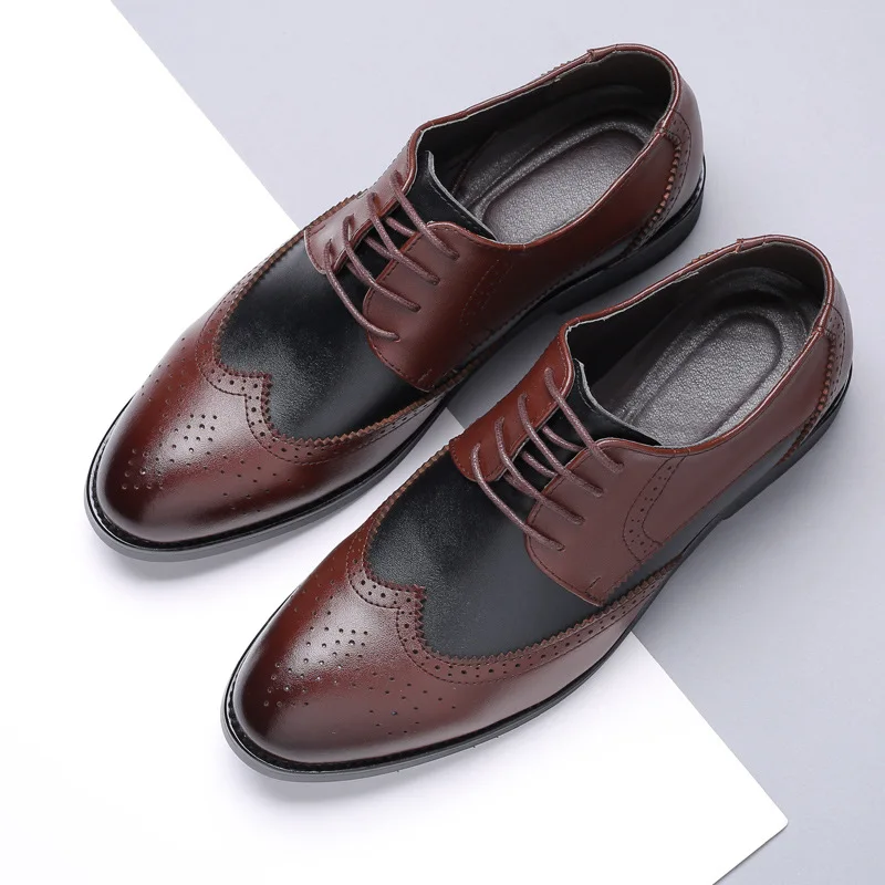 2023 British Style Men\'s Trend Pointed Toe Brogues Shoes Men Wedding Leather Dress Shoes Black With White Formal Shoes Men