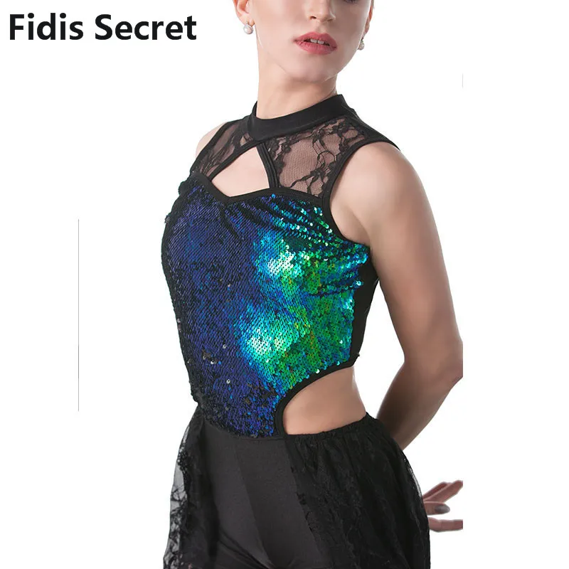 New Lyrical Dress w/Green Sequin Black Lace for Women/Girls Ballet/Contemporary Performance Dance Costume Lady Jazz Stage Wear