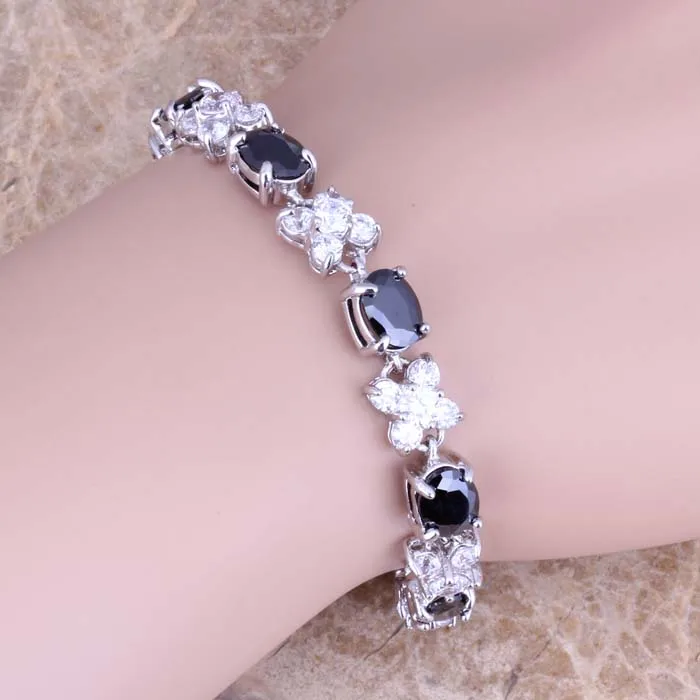 Good-Looking White CZ Black Cubic Zirconia Silver Plated Link Chain Bracelet 7 inch S0520