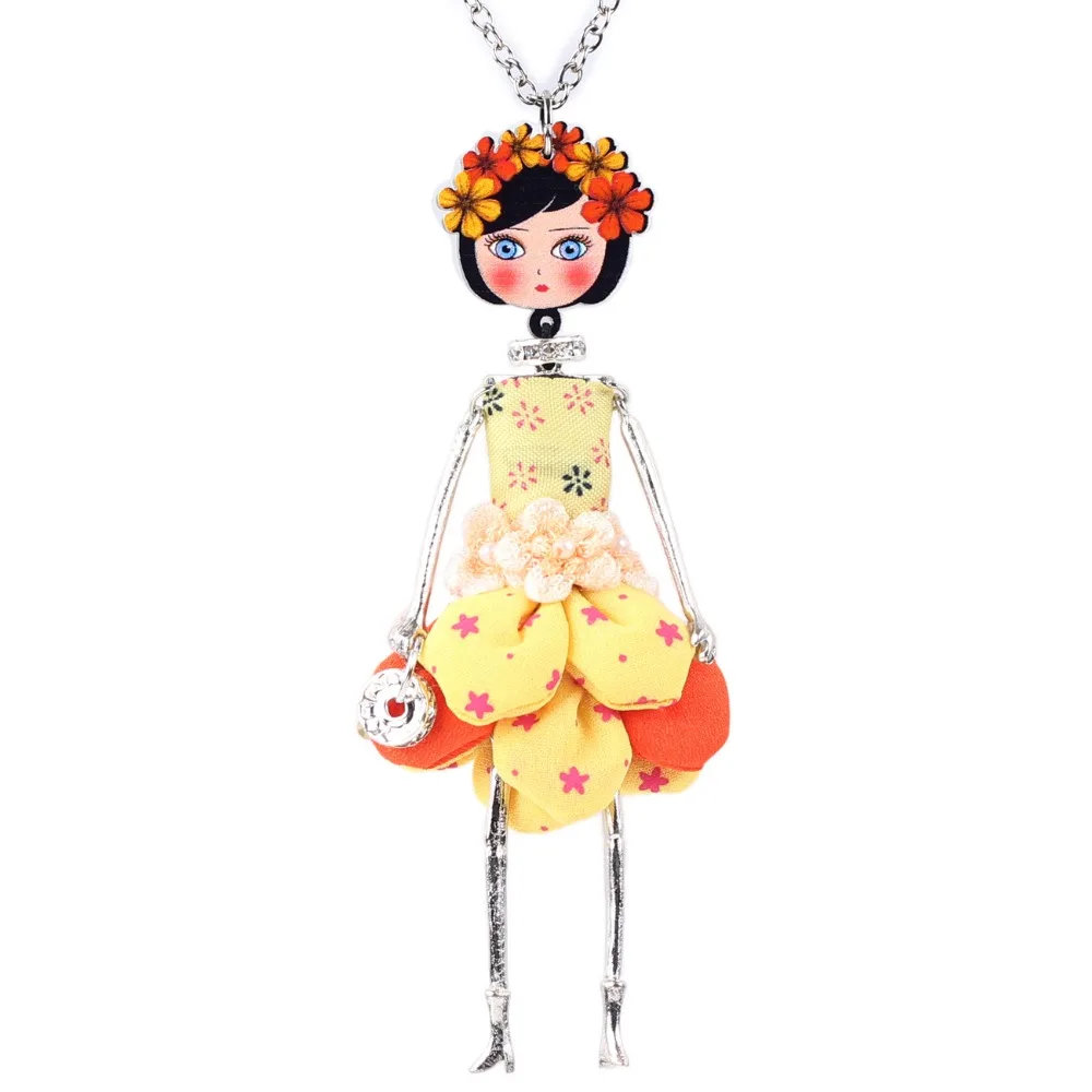 Bonsny Statement Flower Doll Necklace Dress Handmade French Doll Pendant News Alloy Girl Women Flower Fashion Jewelry Gift