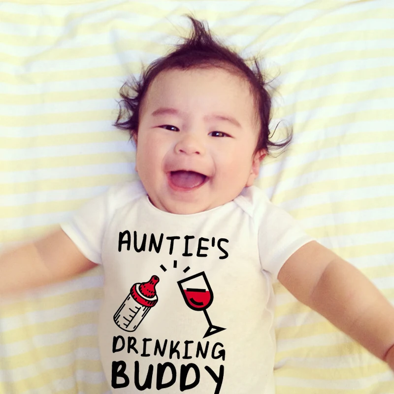 

Summer Baby Clothes Newborn Girl Boy Cotton Short Sleeve Baby Rompers Auntie's Drinking Budddy Toddler Baby Outfits