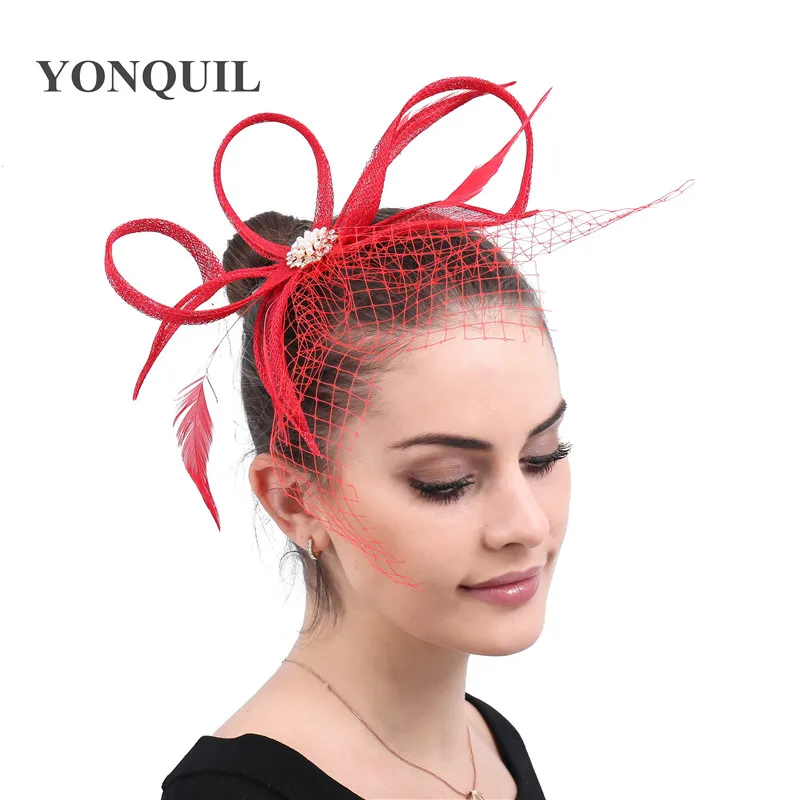 Red Sinamay Hair Accessories Veils Mesh Fascinator Elegant Bridal Women Hair Clips Feather Beads  Party Wedding Church Headwear