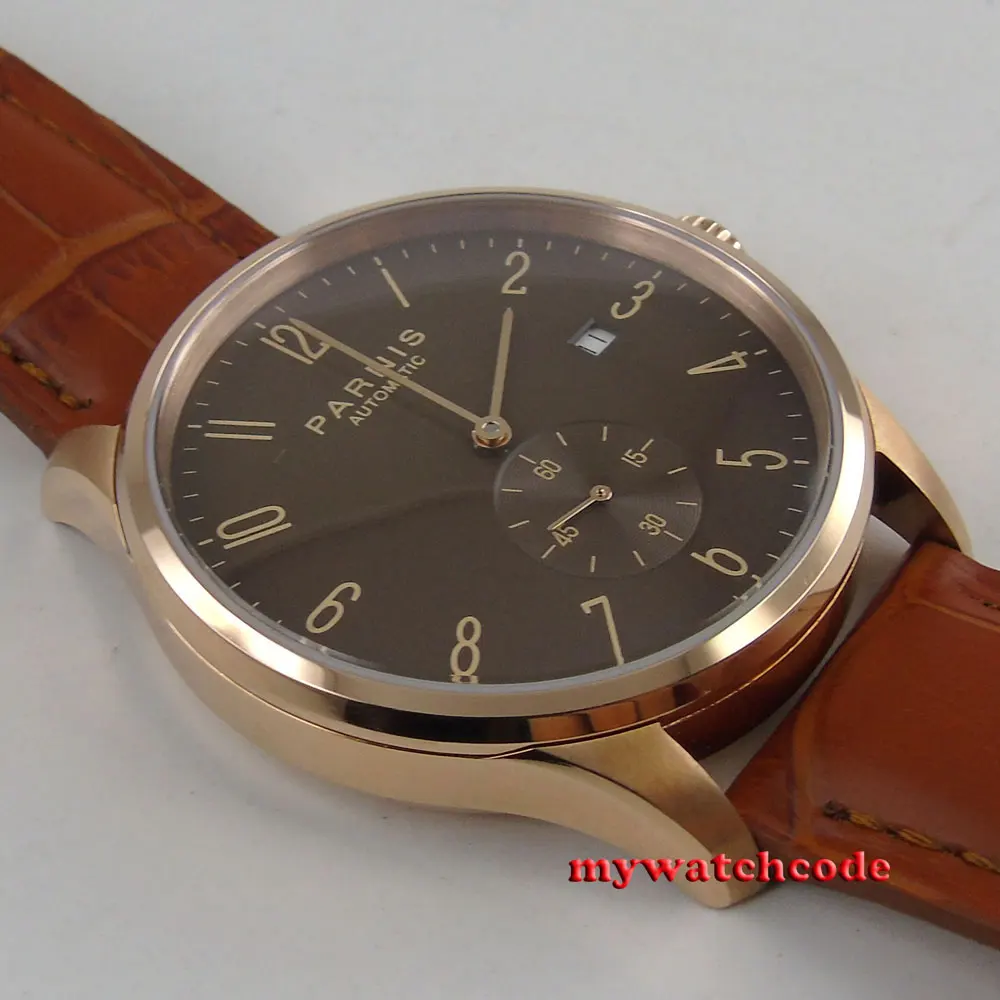 42mm parnis coffee dial rose golden case date window automatic mens watch P957B