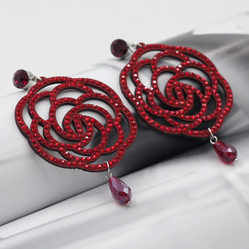 Drop Earrings for Women Big Rose Flower Chinese knot Earrings Velvet Hollow Inlaid Rhinestone Female Ear Jewelry