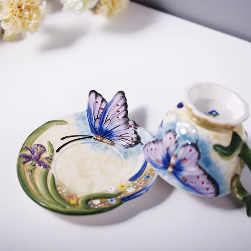 2018 Newest 3D Bone China Blue Butterfly Coffee Cup with Saucer Tea cup ceramic cup Breakfast Milk cups Best Gift For Lovers