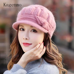 Kagenmo Cap And Scarf Twinset Warm Winter Keep Warm Accessories Rabbit Fur Knit Women Hat Outdoor Windproof Thermal Scarf