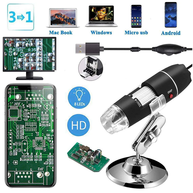 500X-1600X 8LED Digital USB Microscope Mini Camera Handheld Electronic Magnifier For Android Endoscope Small Camcorder Micro Cam