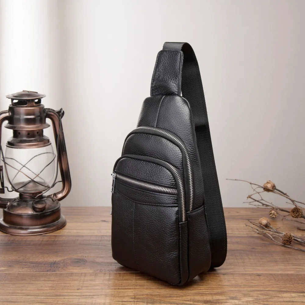 

Genuine Leather Men Casual Fashion Travel Triangle Chest Sling Bag Black Design 8" Tablet One Shoulder Bag Daypack Male 166