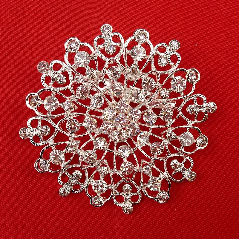 Fashion Large Round Elegant Vintage Rhinestone Snowflake Flower Style Silver Plated Star Pin Beautiful Brooch, Item No.: BH7469