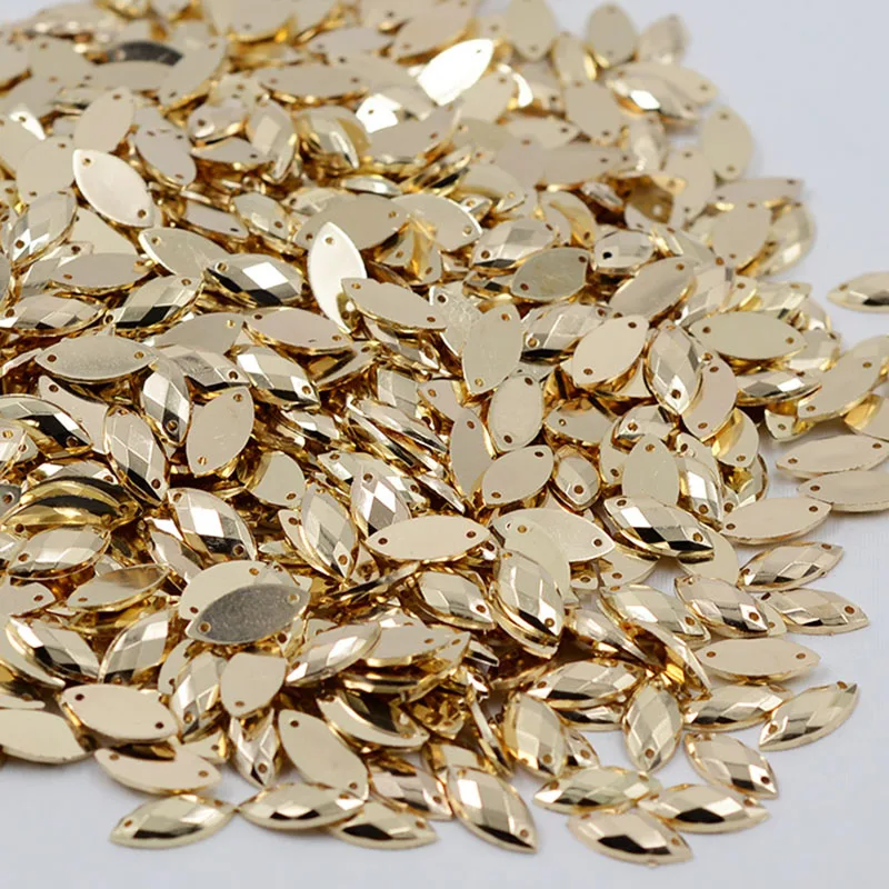 JUNAO 7*15mm 500pcs Gold Sewing Acylic Rhinestones Flat Back Horse Eye Stones Sew On Golden Flatback Beads for Clothes Crafts