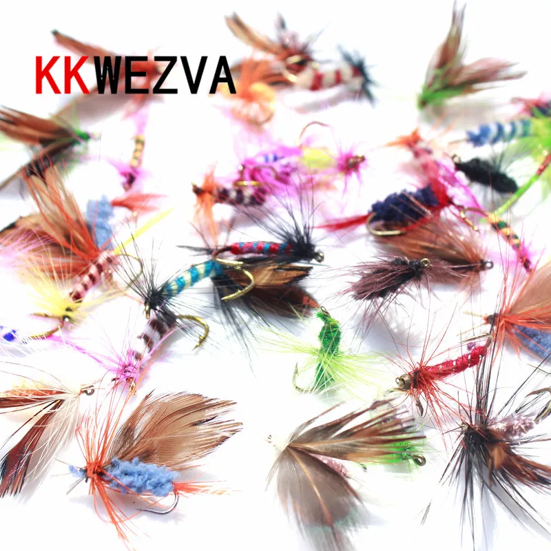 

KKWEZVA 60pcs Lures Fly fishing Hooks Butter fly Insects Style Salmon Flies Trout Single Dry Fly Fishing Lure Fishing Tackle