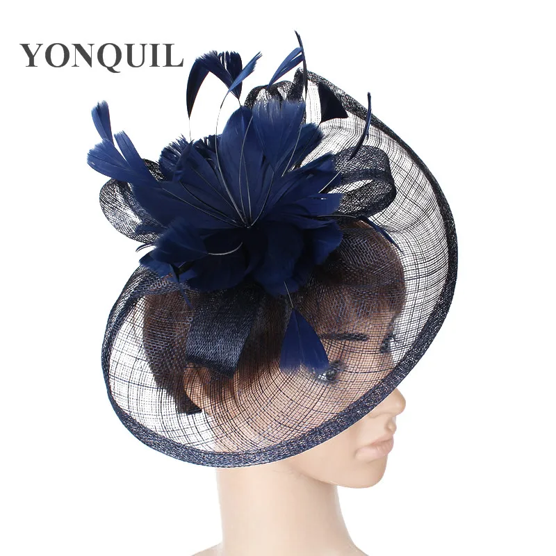 NEW NAVY BLUE HOT Sinamay Fascinators Hat With Feather For Wedding Kentucky Derby Ascot Races Melbourne Cup Church Hair Clips