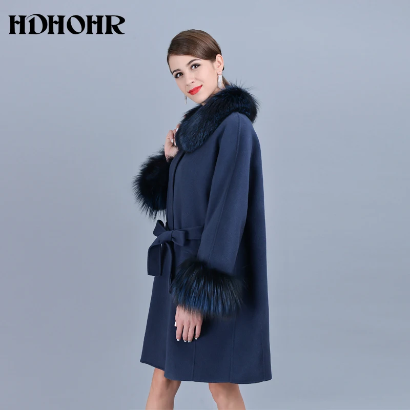 Hdhhr 2025 venda quente casaco de caxemira feminino gola de manga de inverno com jaqueta de pele de raposa real natural casacos de pele de raposa genuína feminino