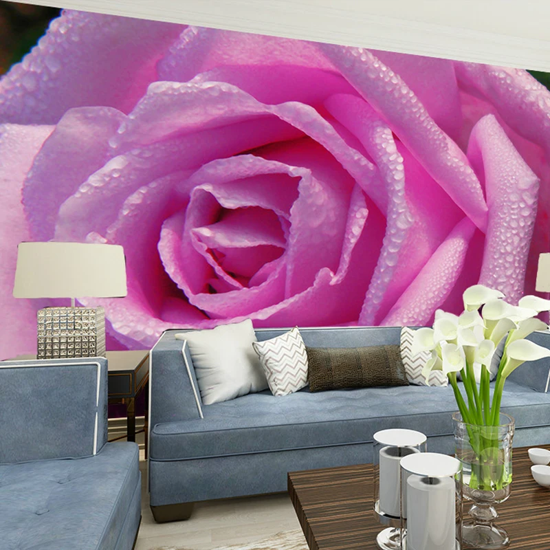 HD Water Drop Pink Rose Photo Wallpaper 3D Wall Mural Romantic Decor Wedding House Living Room Warm Wallpaper Papel De Parede 3D