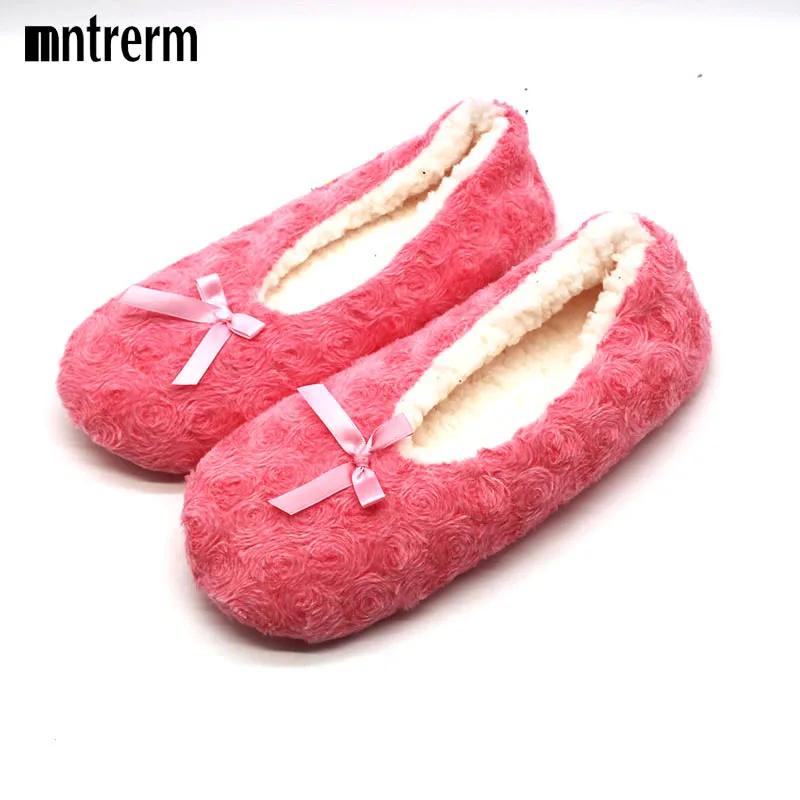 2020 Cute Bowtie Warm Winter Women Indoor Slippers Bedroom House Soft Bottom Flats Christmas Gift Sewing Girl ballet shoes