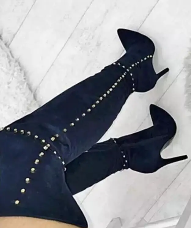 

Fashion Blue Suede Leather Women Over The Knee Boots Gold Studs Ladies High Heel Boots Sexy Point Toe Rivets Motorcycle Boot