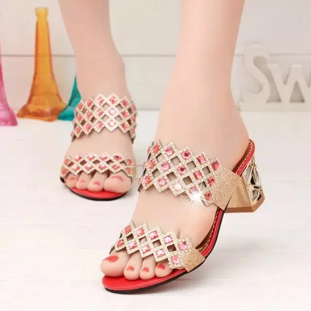 2017 Hot Summer elegant fashion women casual shoes Thick with sandals peep-toe beach shoes mid heel bright gold silver 4 color