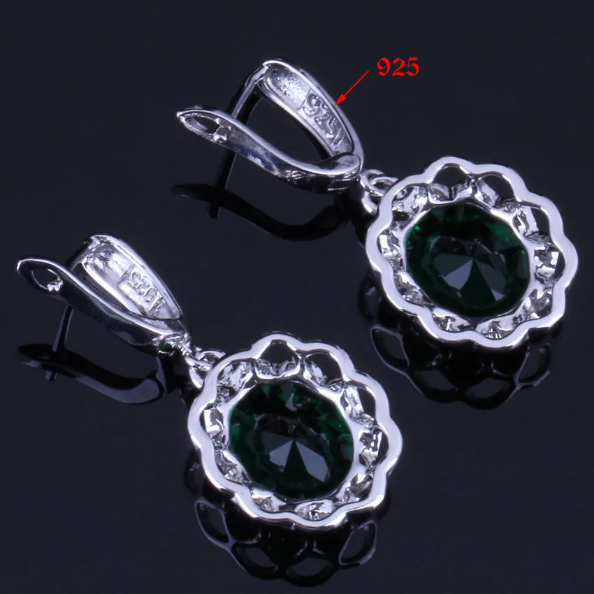 Magic Oval Egg Green Cubic Zirconia Silver Plated Jewelry Sets Earrings Pendant Chain Ring V0277