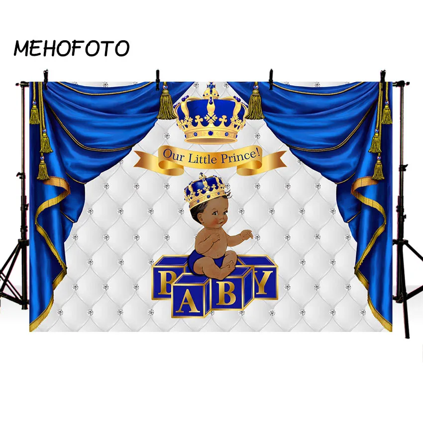 Royal Prince Baby Shower Photography Background Royal Blue Curtain Gold Crown Africa American Boy Baby Shower Backdrops