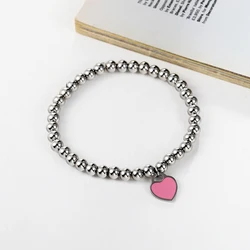 Classic Design Pink Enamel Heart Charm Bead Bracelet High Quality Titanium Steel Jewelry Love Woman Bracelet