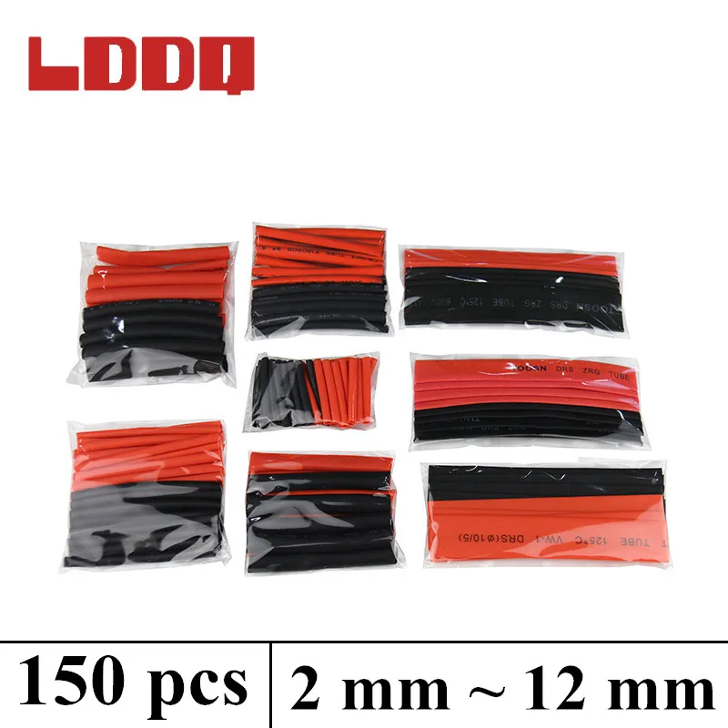 LDDQ 150pcs black and red  Polyolefin 2:1 Heat Shrink Tube 2mm 2.5mm  3.5mm 5mm 6mm 8mm 10mm 12mm  Cable Sleeving termoretractil