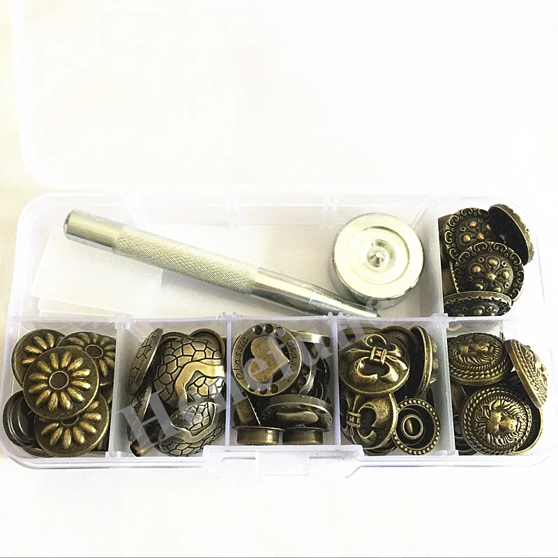 24sets Buttons Metal Snap Fastener Press Stud Buttons Poppers Leather for Coats Craft Jeans Button+Fixing Tools Kit+Storage Box