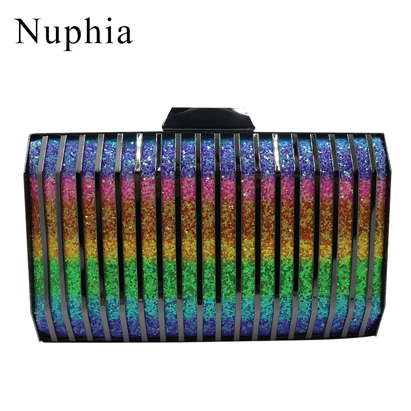 

NUPHIA New Oversize Metal Box Clutches and Evening Bags for Party Prom GunBlack Rainbow