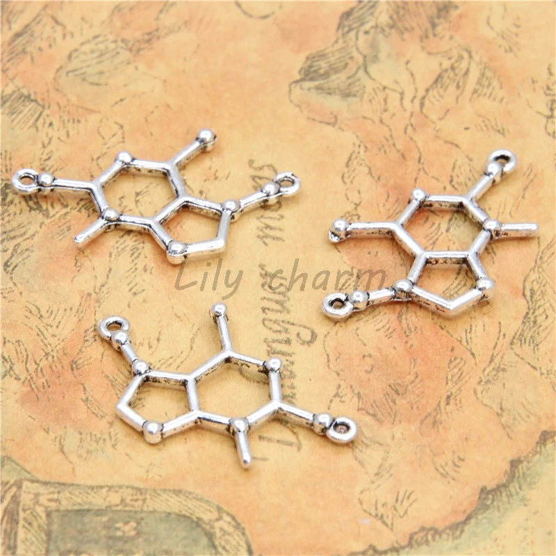 

15pcs Theobr-omine Chocolate Molecule Charms Antique Silver Theobr omine Chocolate Molecule charm Pendants 25X20mm