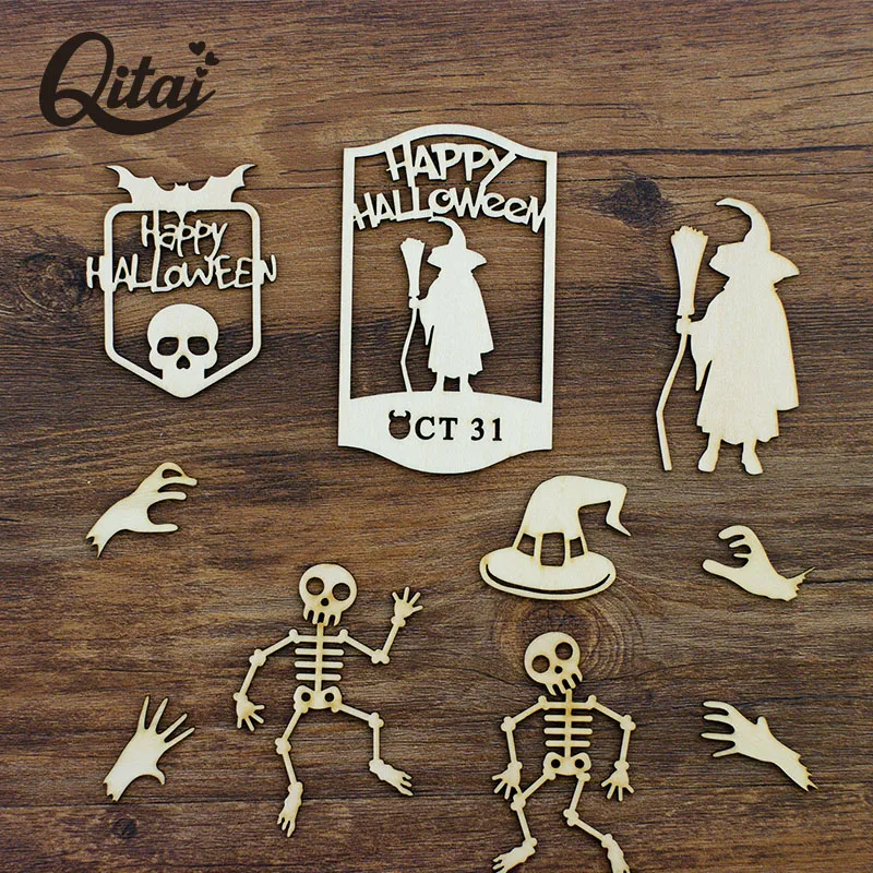 10Styles Halloween Wooden QITAI 30pcs DIY Scrapbooking Nature Wood Crafts Product the Home Decoration for Children Gifts WF157